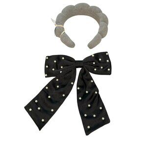 New Bow Hair Clip & Gray Padded Headband Set With Pearl Detailing